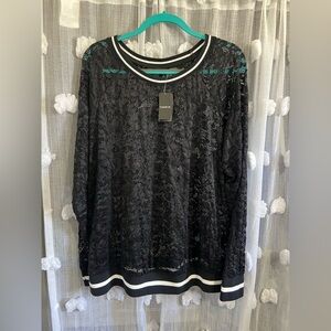 torrid Black Lace Long-Sleeve Pullover with White Stripe Trim